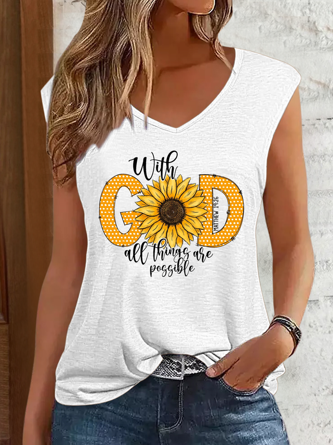 Women's Bible Verse With God All Things Are Possible V Neck Simple Tank Top