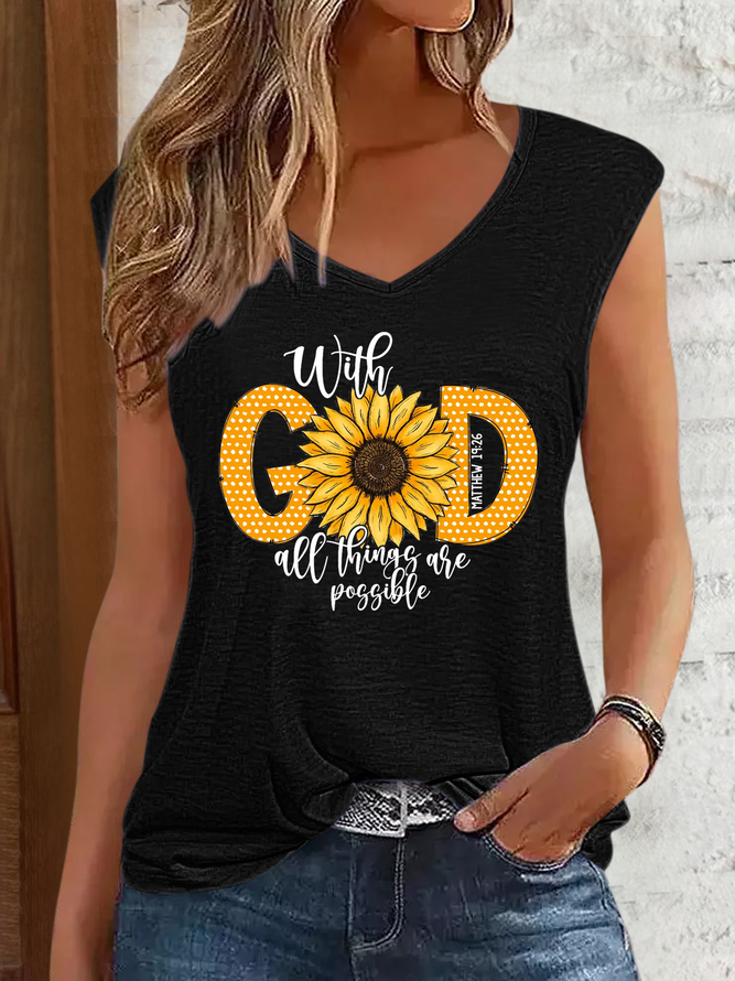Women's Bible Verse With God All Things Are Possible V Neck Simple Tank Top