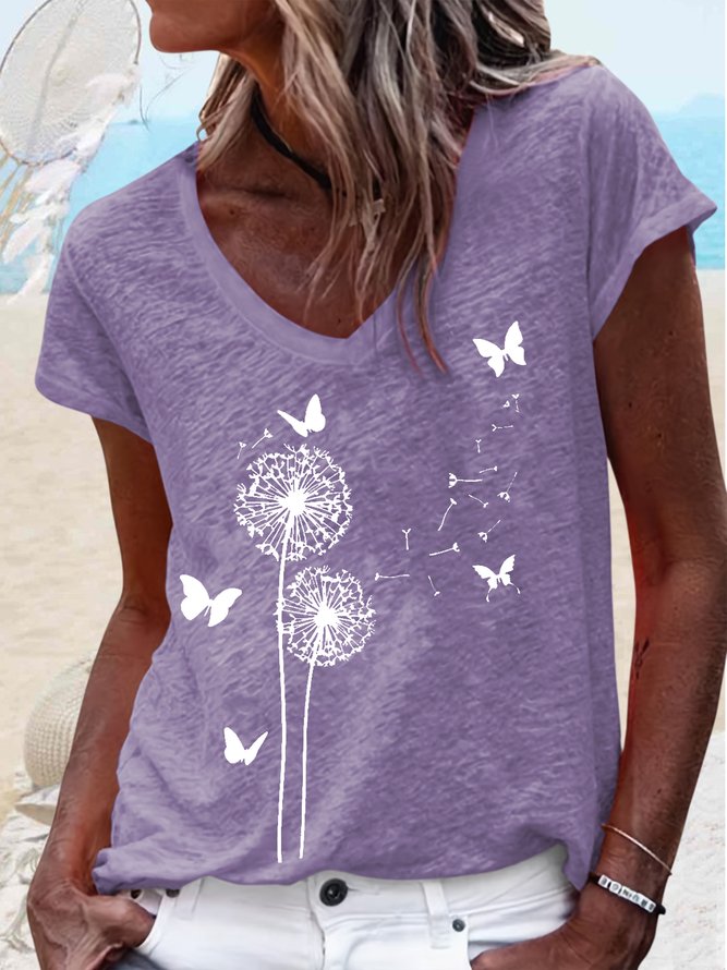 Women's Butterfly Dandelion Casual Cotton-Blend T-Shirt