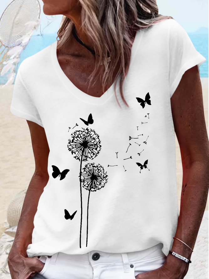 Women's Butterfly Dandelion Casual Cotton-Blend T-Shirt