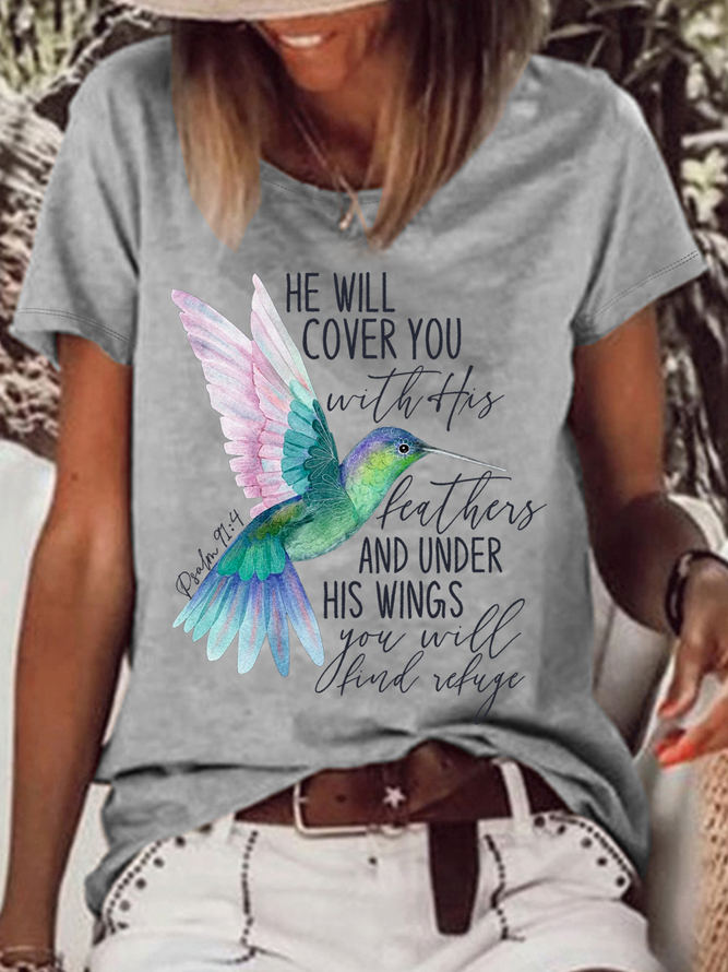 Women's Psalm 91:4 Hummingbird Cotton-Blend Casual Text Letters T-Shirt