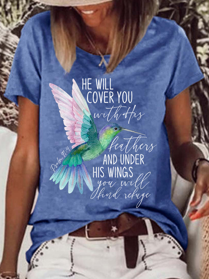 Women's Psalm 91:4 Hummingbird Cotton-Blend Casual Text Letters T-Shirt