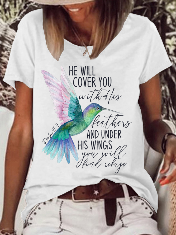 Women's Psalm 91:4 Hummingbird Cotton-Blend Casual Text Letters T-Shirt