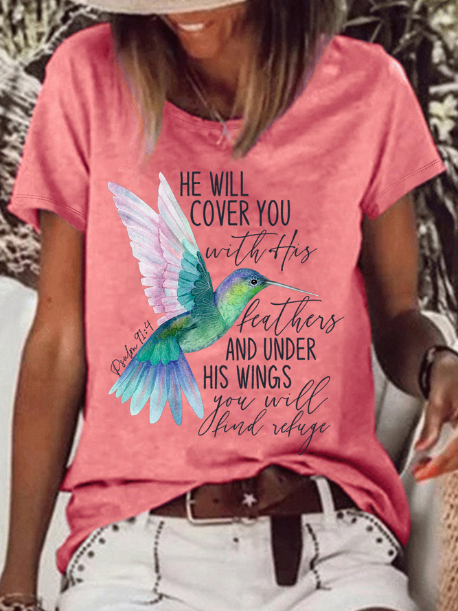 Women's Psalm 91:4 Hummingbird Cotton-Blend Casual Text Letters T-Shirt