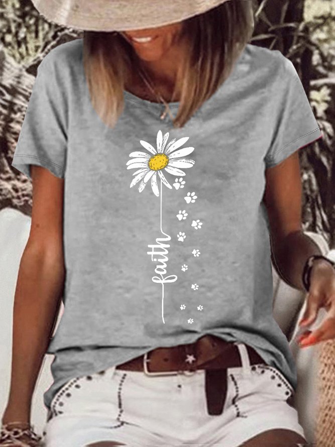 Women's Faith Daisy Paw Print Casual Crew Neck T-Shirt