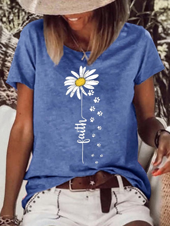 Women's Faith Daisy Paw Print Casual Crew Neck T-Shirt