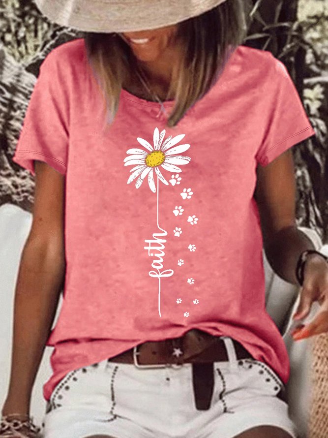 Women's Faith Daisy Paw Print Casual Crew Neck T-Shirt