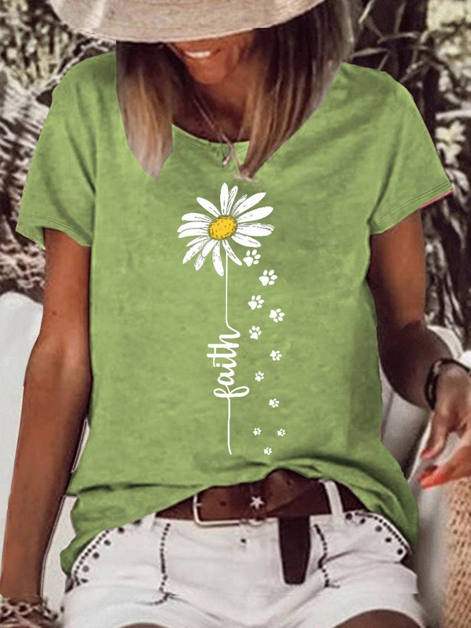 Women's Faith Daisy Paw Print Casual Crew Neck T-Shirt