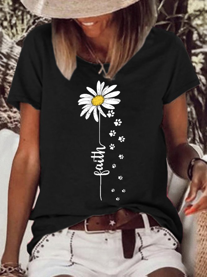 Women's Faith Daisy Paw Print Casual Crew Neck T-Shirt
