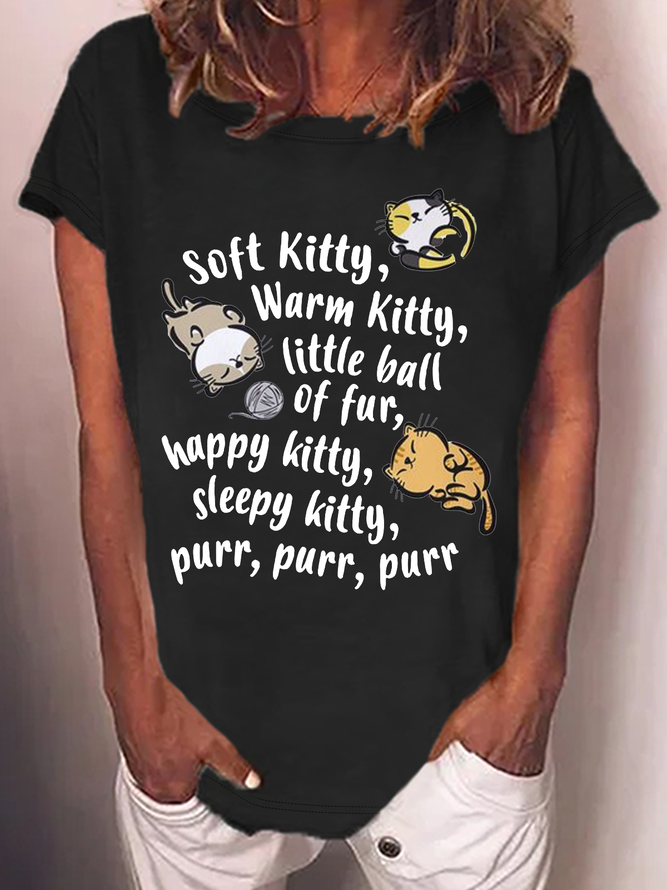 Women's Soft Kitty Warm Kitty Cat Cotton-Blend Crew Neck T-Shirt