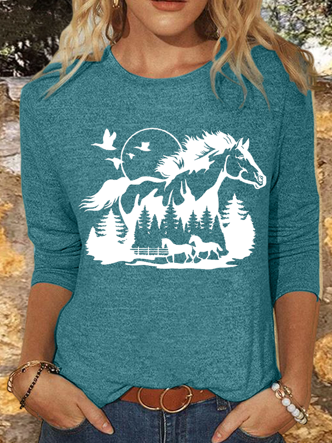 Women's Horse Lover Casual Crew Neck Cotton-Blend Shirt