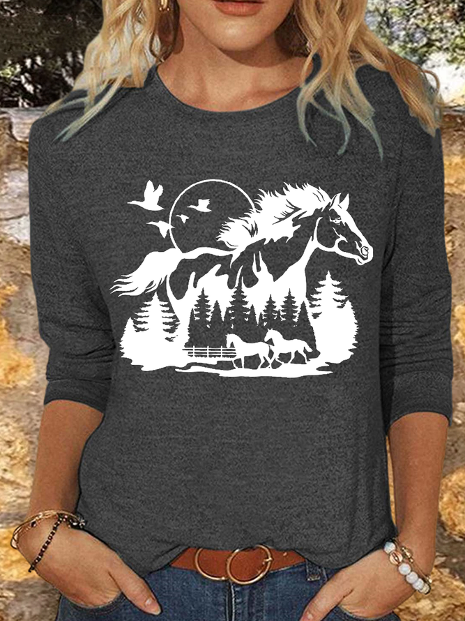 Women's Horse Lover Casual Crew Neck Cotton-Blend Shirt