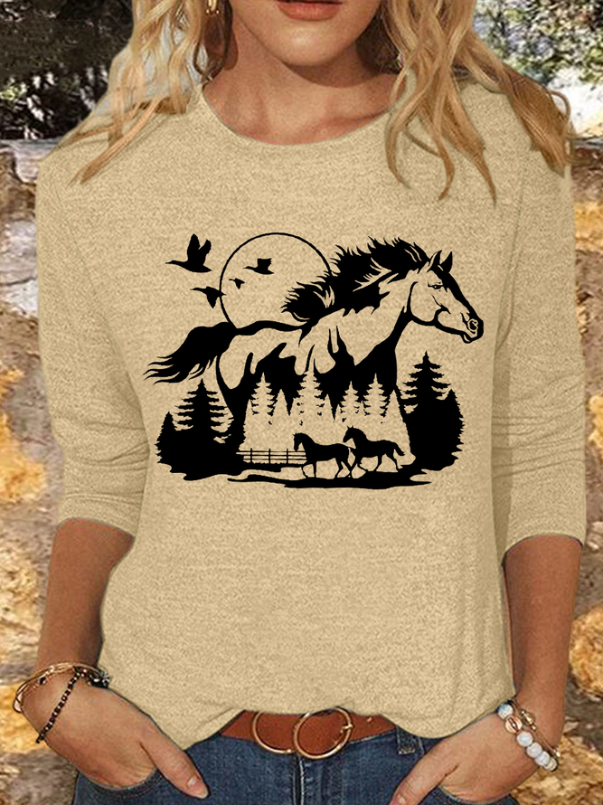 Women's Horse Lover Casual Crew Neck Cotton-Blend Shirt