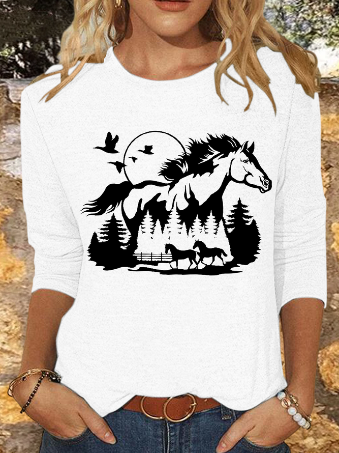Women's Horse Lover Casual Crew Neck Cotton-Blend Shirt