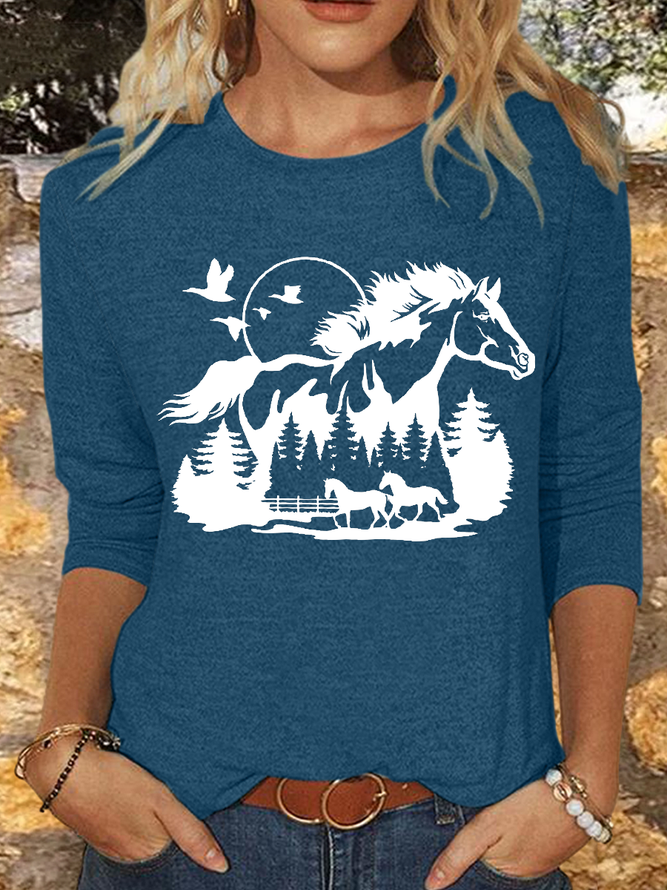 Women's Horse Lover Casual Crew Neck Cotton-Blend Shirt