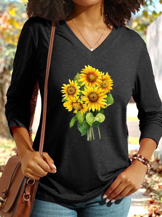 Women's Sunflower Graphic V Neck Casual Shirt