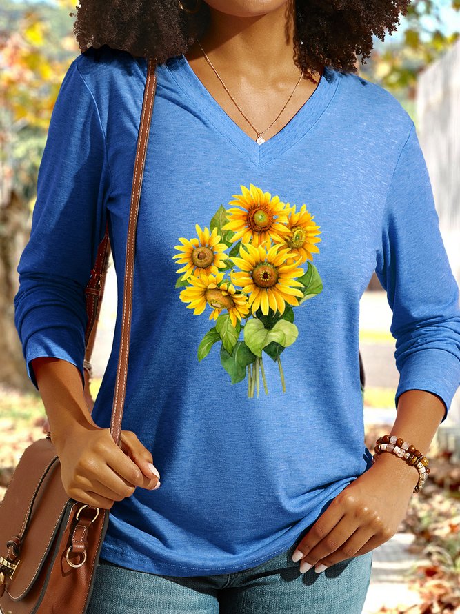 Women's Sunflower Graphic V Neck Casual Shirt