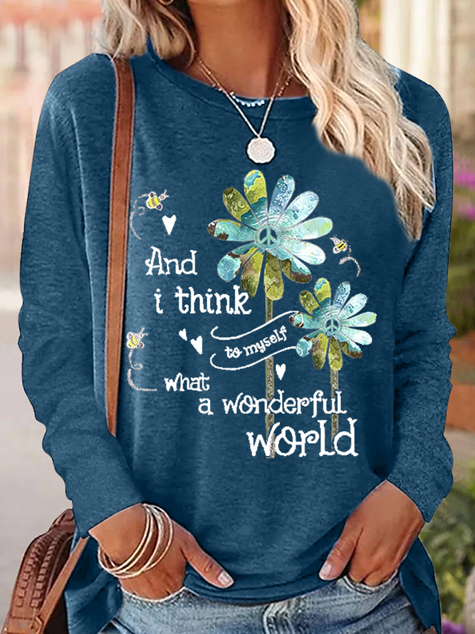 Women's And I Think To Myself What A Wonderful World Daisy Crew Neck Cat Regular Fit Casual Shirt