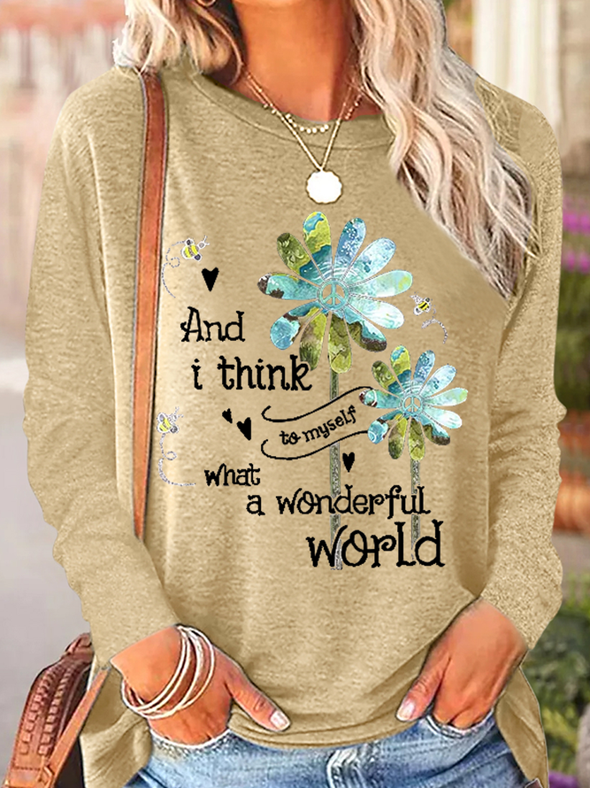 Women's And I Think To Myself What A Wonderful World Daisy Crew Neck Cat Regular Fit Casual Shirt