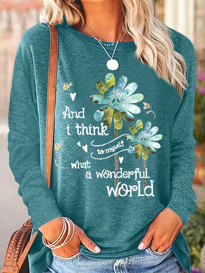 Women's And I Think To Myself What A Wonderful World Daisy Crew Neck Cat Regular Fit Casual Shirt