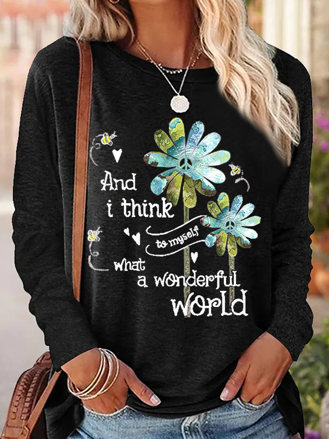Women's And I Think To Myself What A Wonderful World Daisy Crew Neck Cat Regular Fit Casual Shirt