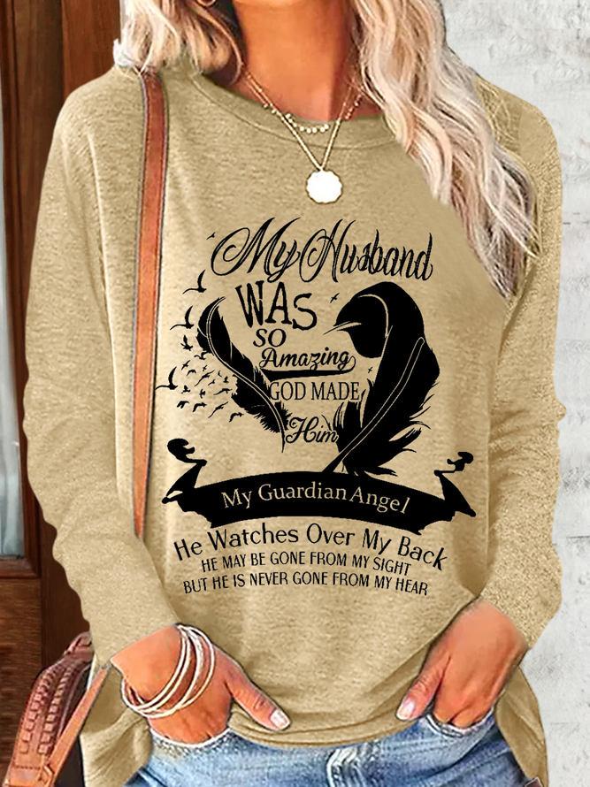 Women's My Husband Guardian Angel Regular Fit Casual Cotton-Blend Crew Neck Long Sleeve Shirt