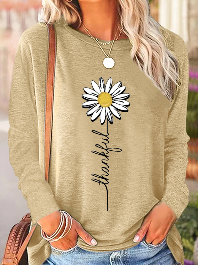 Women's Thankful Daisy Crew Neck Casual Daisy Long Sleeve Shirt