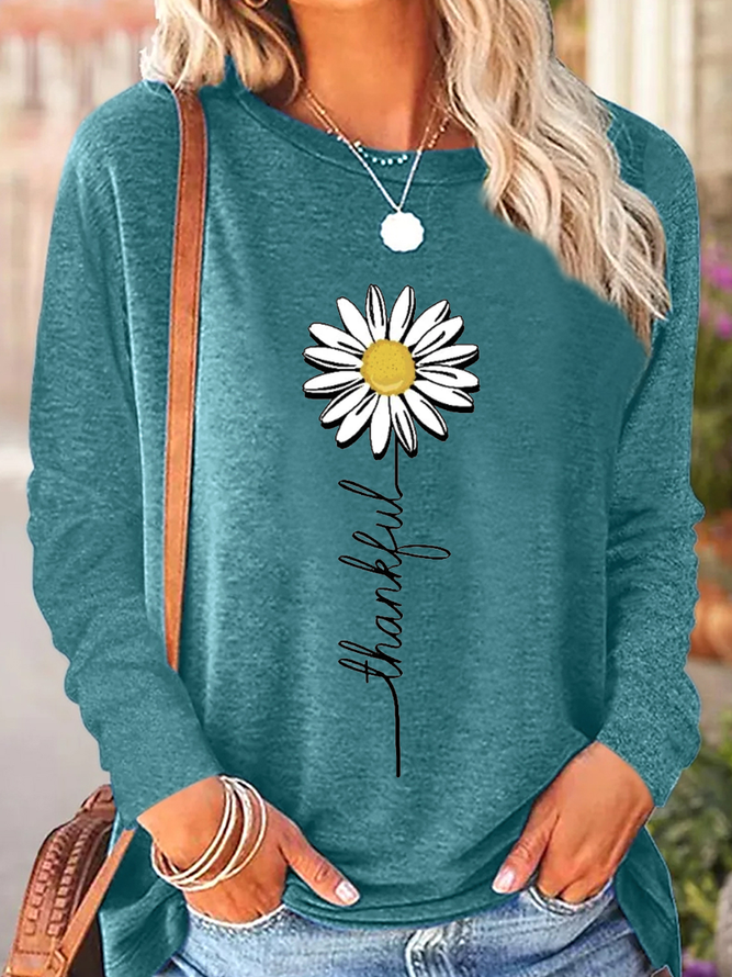 Women's Thankful Daisy Crew Neck Casual Daisy Long Sleeve Shirt