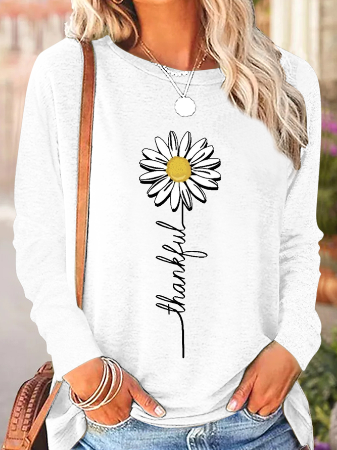 Women's Thankful Daisy Crew Neck Casual Daisy Long Sleeve Shirt