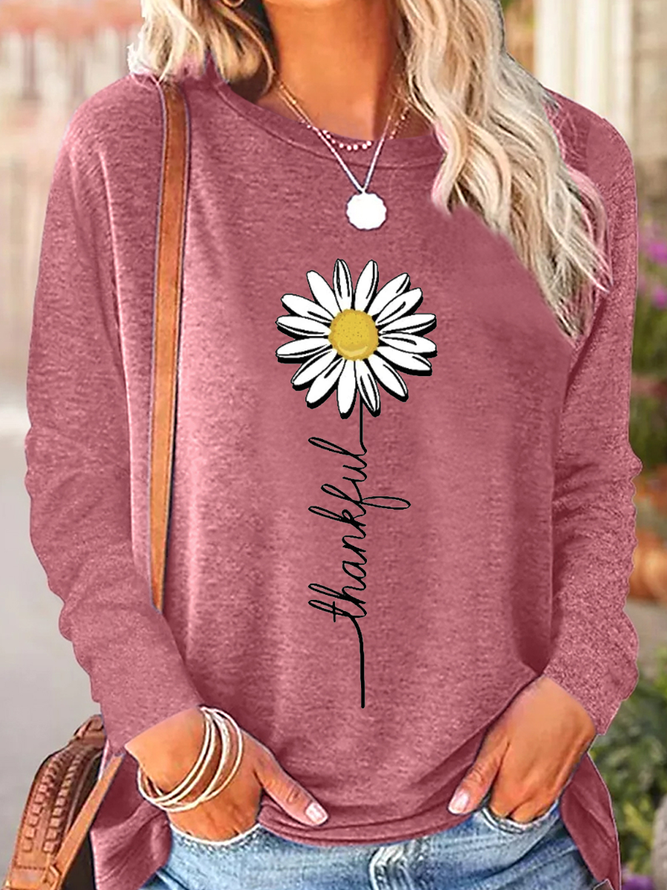 Women's Thankful Daisy Crew Neck Casual Daisy Long Sleeve Shirt