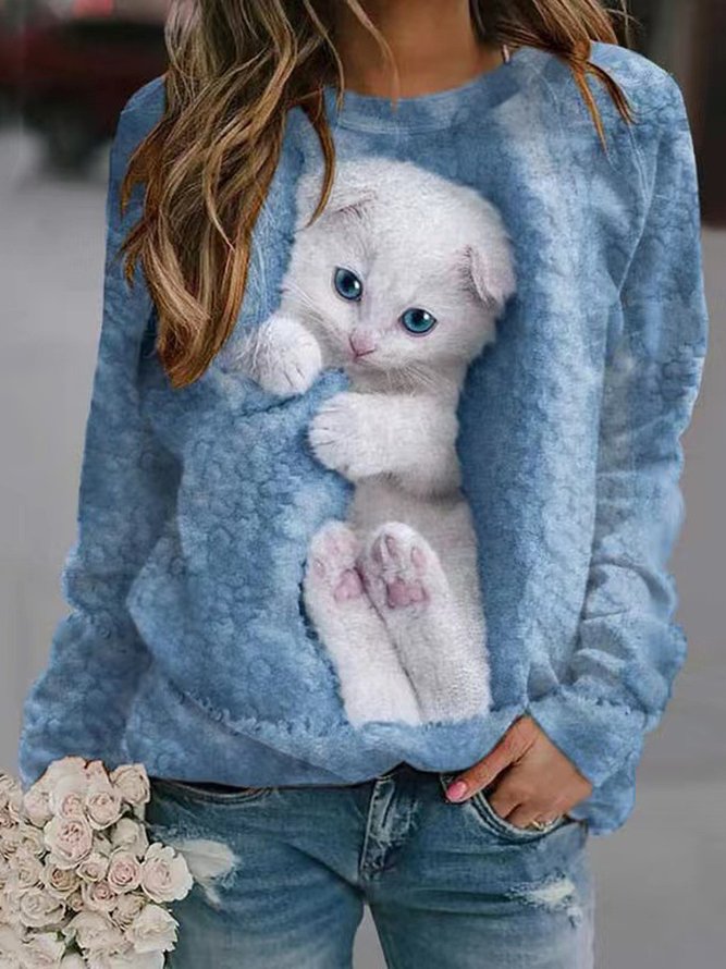 Cat Crew Neck Loose Casual Sweatshirt