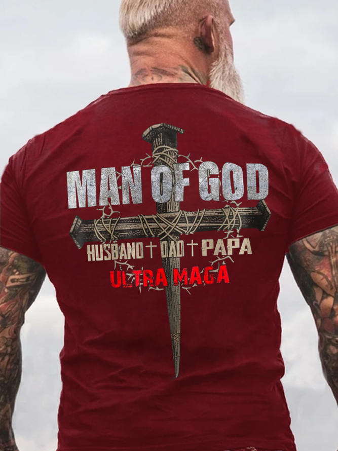 Man of God - Husband Dad Papa - Ultra MAGA Crew Neck Cotton Casual Text Letters T-Shirt