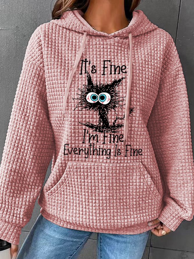 Women‘s Funny I Am Fine Black Cat Casual Loose Text Letters Hoodie