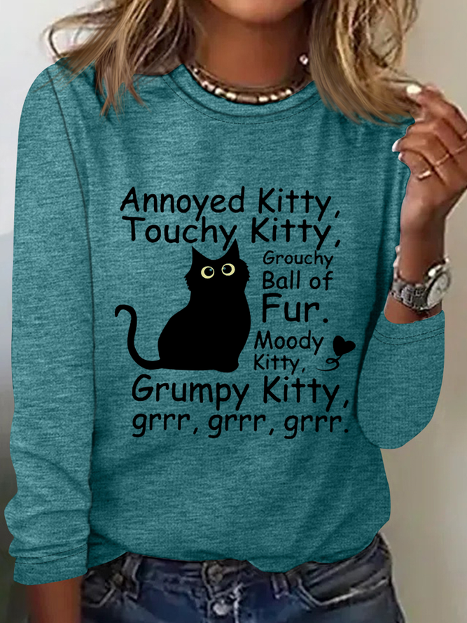 Funny Cat Casual Crew Neck Cotton-Blend Shirt