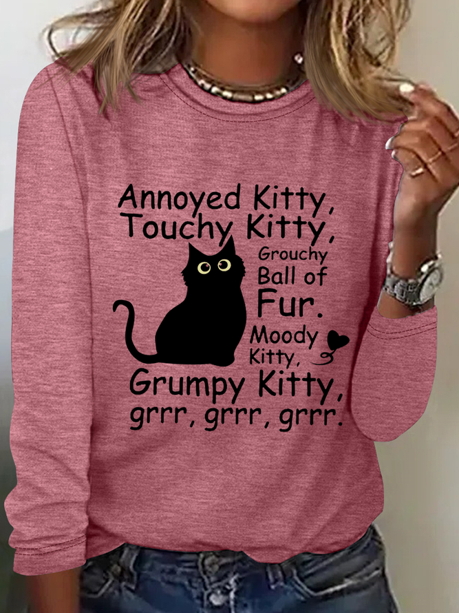 Funny Cat Casual Crew Neck Cotton-Blend Shirt