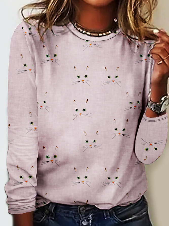 Funny Cat Casual Crew Neck Long Sleeve Shirt