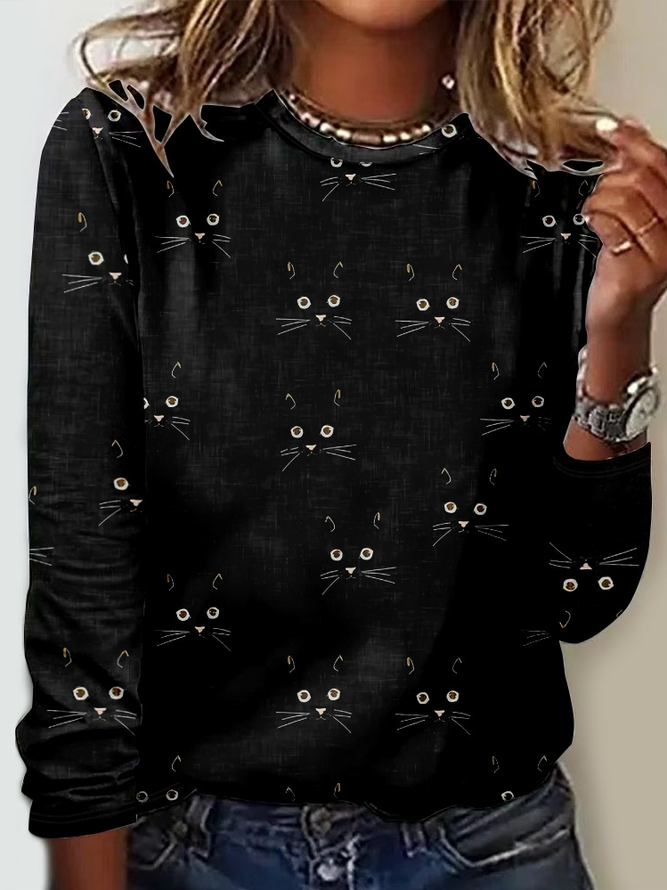 Funny Cat Casual Crew Neck Long Sleeve Shirt
