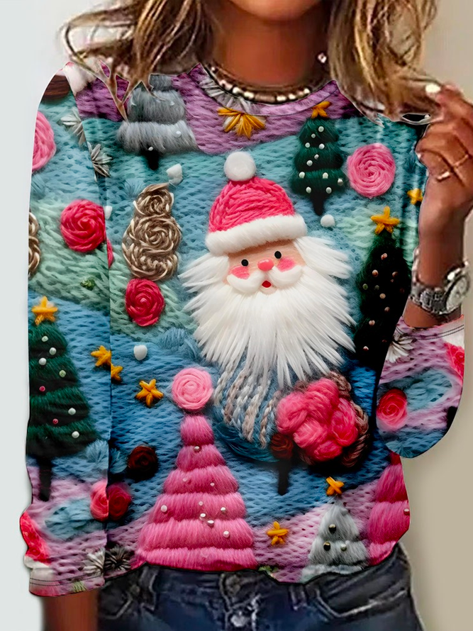 Pink Santa Claus Crew Neck Regular Fit Casual Long Sleeve Shirt