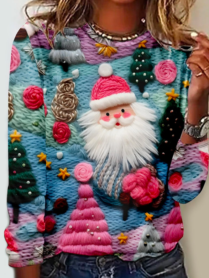 Pink Santa Claus Crew Neck Regular Fit Casual Long Sleeve Shirt