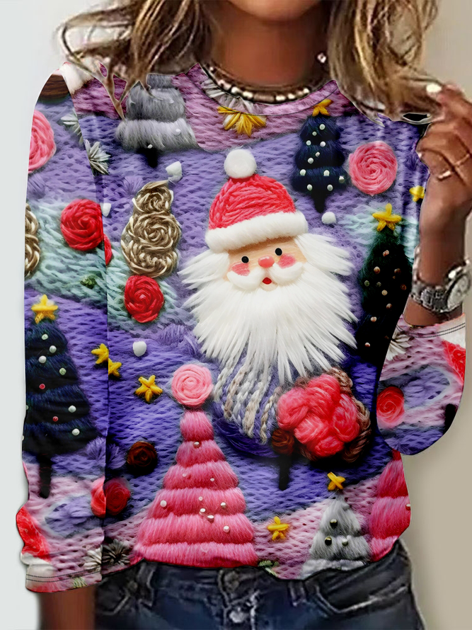 Pink Santa Claus Crew Neck Regular Fit Casual Long Sleeve Shirt