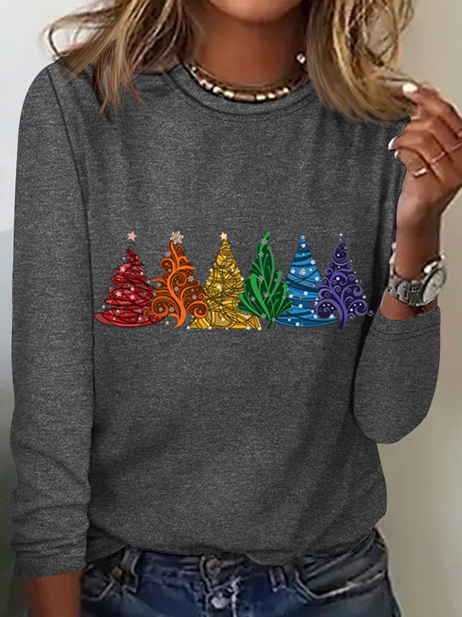 Women's Christmas Tree Cotton-Blend Crew Neck Casual Long Sleeve Shirt