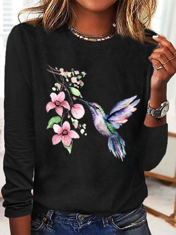 Women's Hummingbird Watercolor Nature Bird Lover Crew Neck Cotton-Blend Casual Long Sleeve Shirt