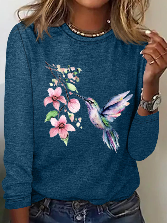 Women's Hummingbird Watercolor Nature Bird Lover Crew Neck Cotton-Blend Casual Long Sleeve Shirt
