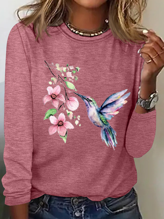 Women's Hummingbird Watercolor Nature Bird Lover Crew Neck Cotton-Blend Casual Long Sleeve Shirt