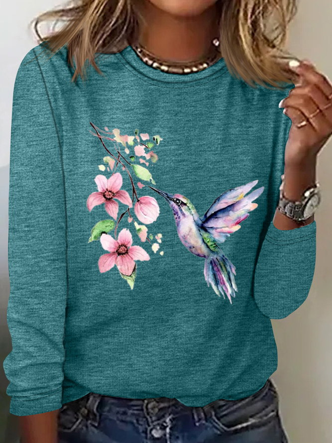 Women's Hummingbird Watercolor Nature Bird Lover Crew Neck Cotton-Blend Casual Long Sleeve Shirt