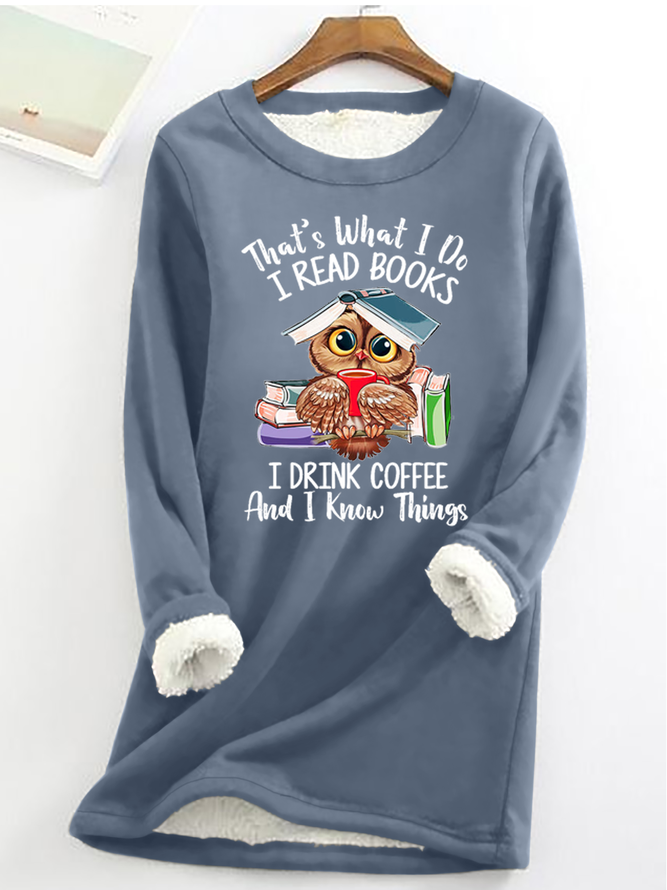 Women's Owl Coffe Book Funny Crew Neck Text Letters Simple Loose Fleece Sweatshirt