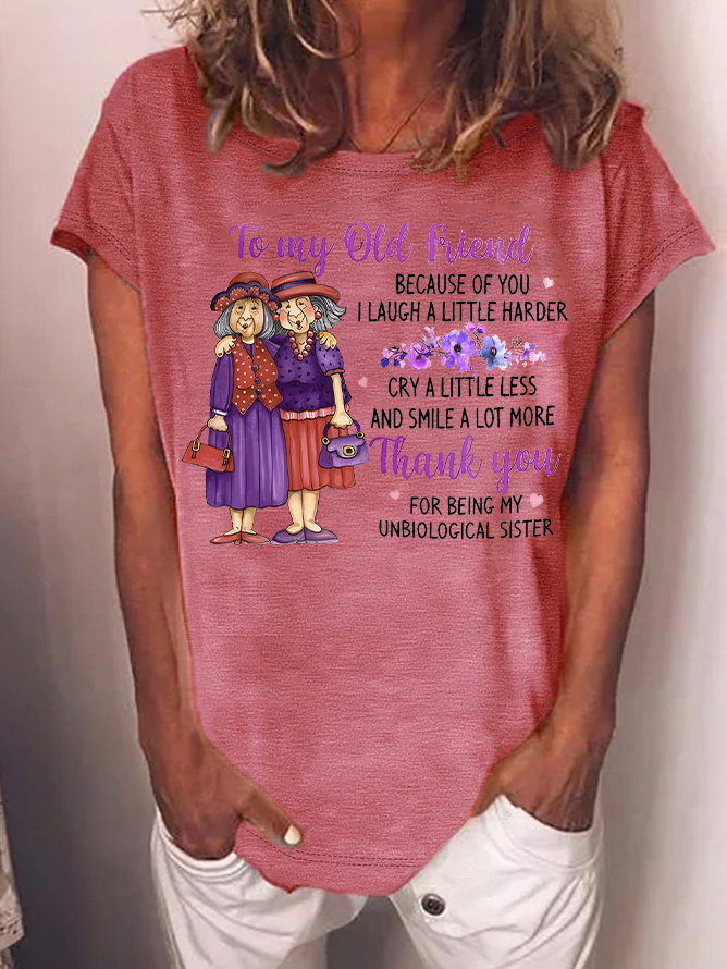 Women's Funny Old Friend Smile A Lot More Graphic Printing Text Letters Crew Neck Cotton-Blend Casual T-Shirt