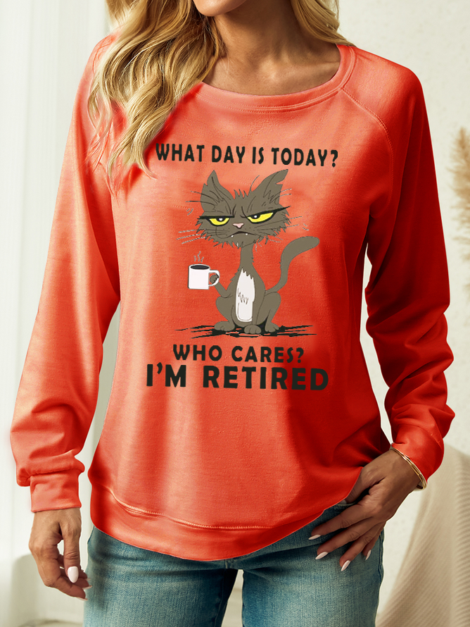 Women's Who Cares I'm Retired Funny Cat Crew Neck Casual Sweatshirt