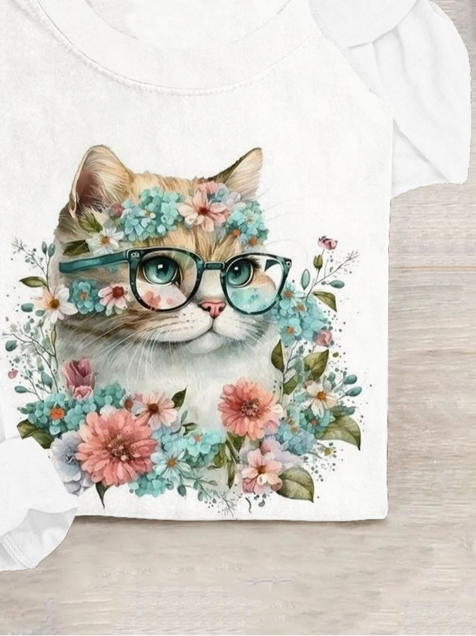 Floral And Cat Cotton-Blend Casual Crew Neck T-Shirt
