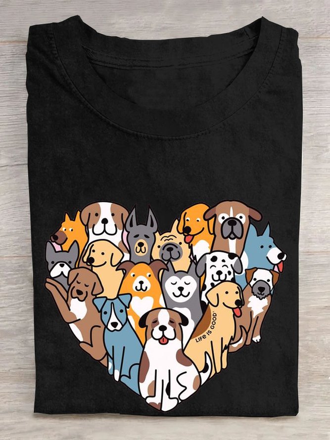 Heart shaped dog print round neck casual short sleeved T-shirt